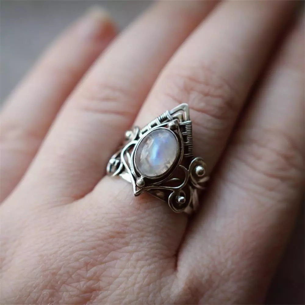 Sacrametal Moonstone Ring: Ancient Silver Crystal Ring for Healing