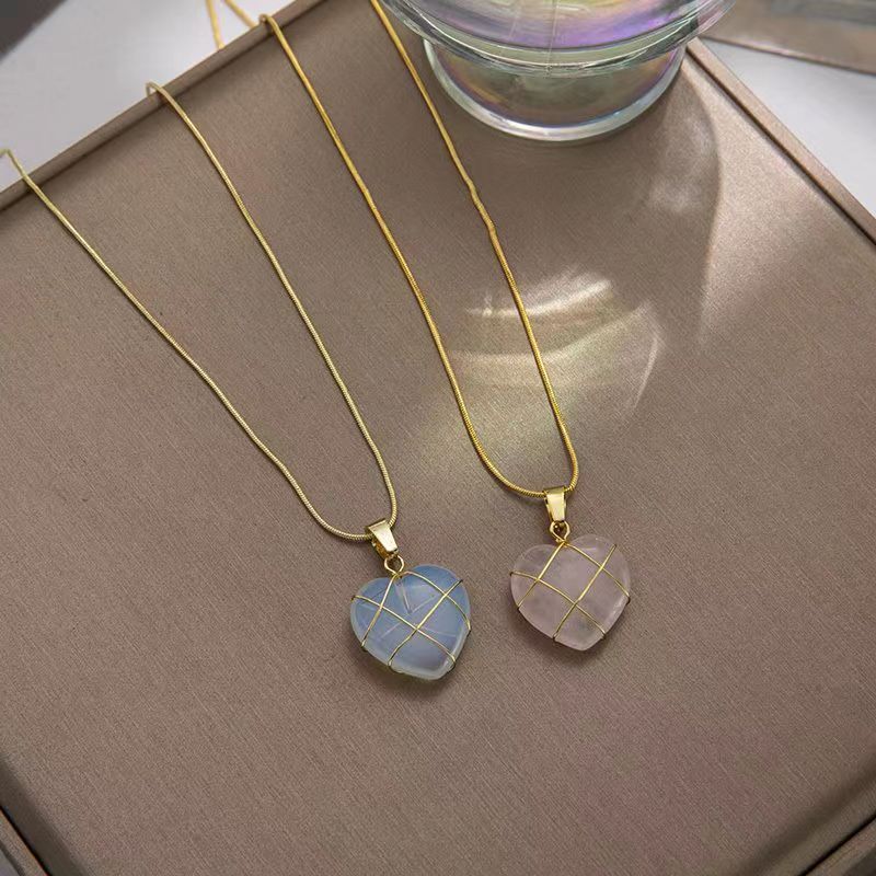 Rose Quartz / Opal Heart Shaped Pendant Necklace