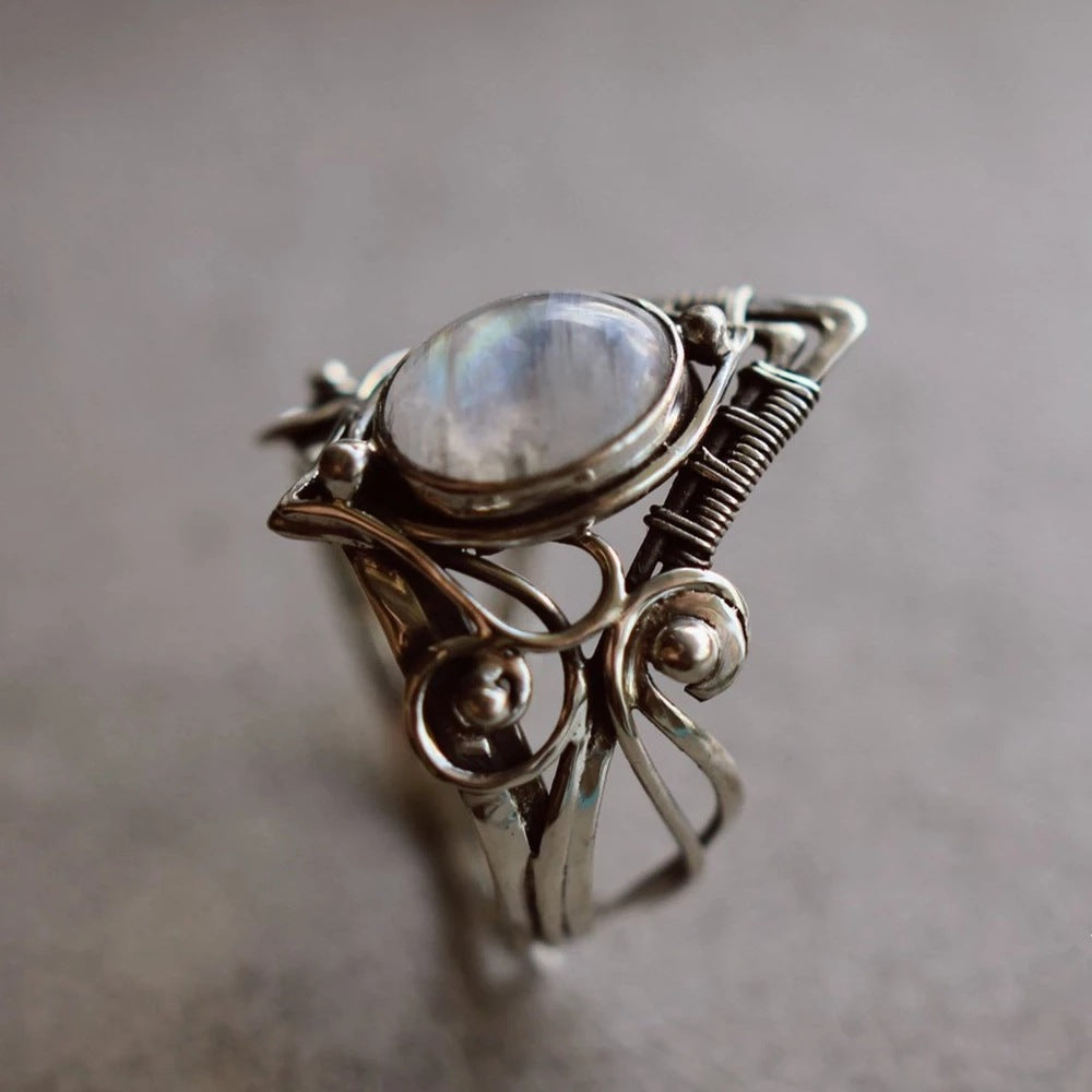 Sacrametal Moonstone Ring: Ancient Silver Crystal Ring for Healing