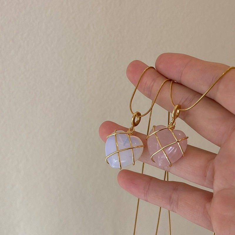 Rose Quartz / Opal Heart Shaped Pendant Necklace