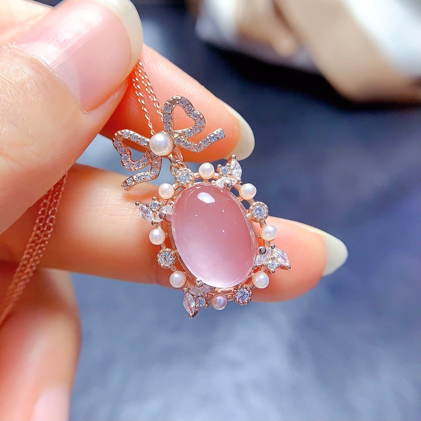 Sacrametal Rose Quartz Healing Crystal Pendant: Pink Geometry, Rose Gold Embrace