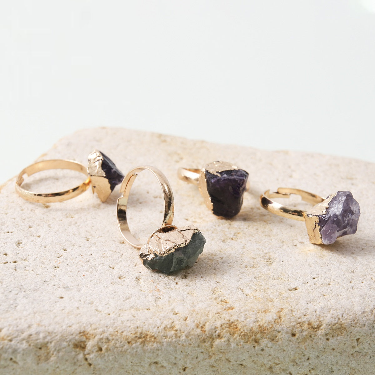 Green Flourite, Amethyst, Garnet Minimal Rings