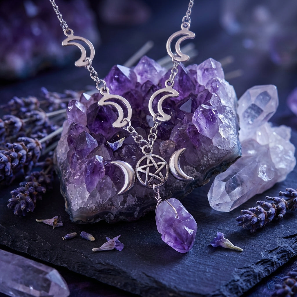 Sacrametal Amethyst Healing Crystal Moon Necklace: Intuition & Protection
