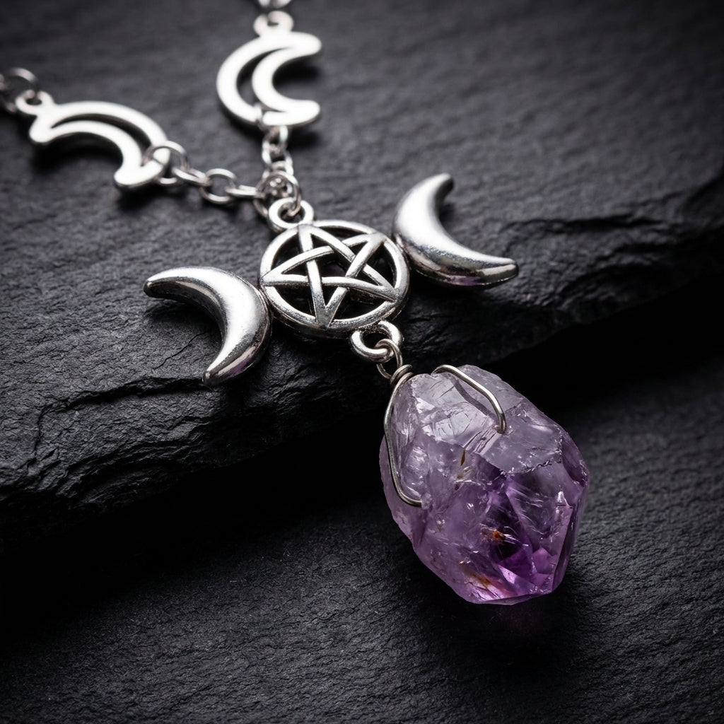 Sacrametal Amethyst Healing Crystal Moon Necklace: Intuition & Protection
