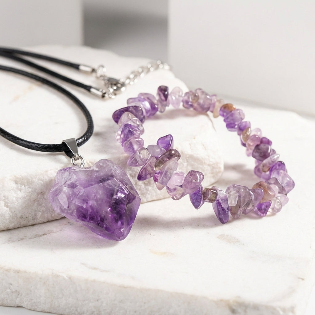 Amethyst Rough Stone Healing Crystal Necklace & Bracelet