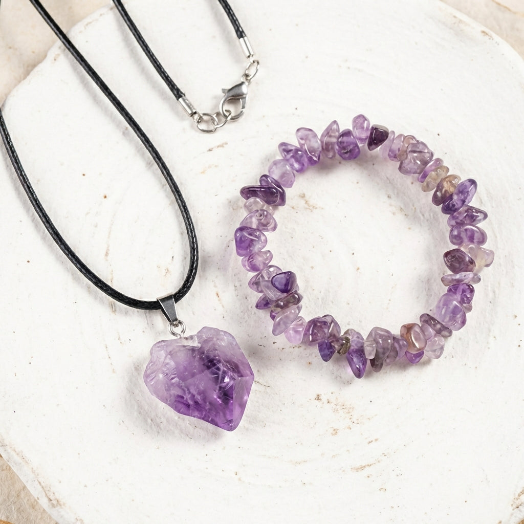 Amethyst Rough Stone Healing Crystal Necklace & Bracelet