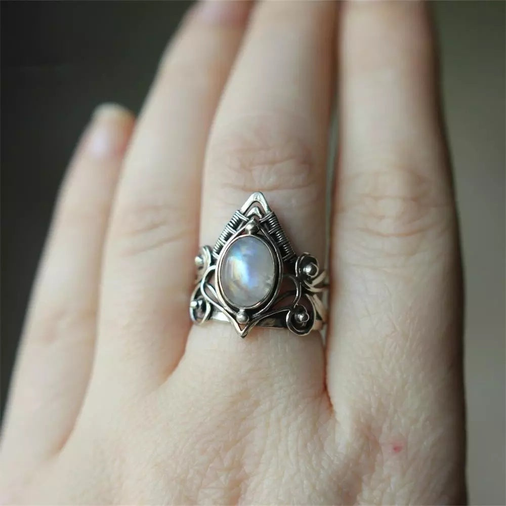 Sacrametal Moonstone Ring: Ancient Silver Crystal Ring for Healing