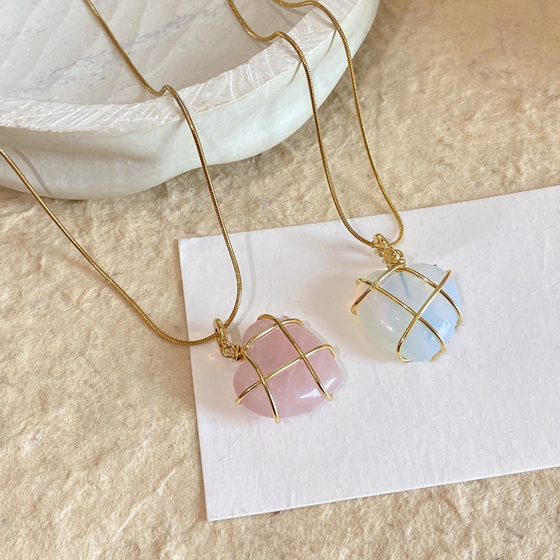 Rose Quartz / Opal Heart Shaped Pendant Necklace