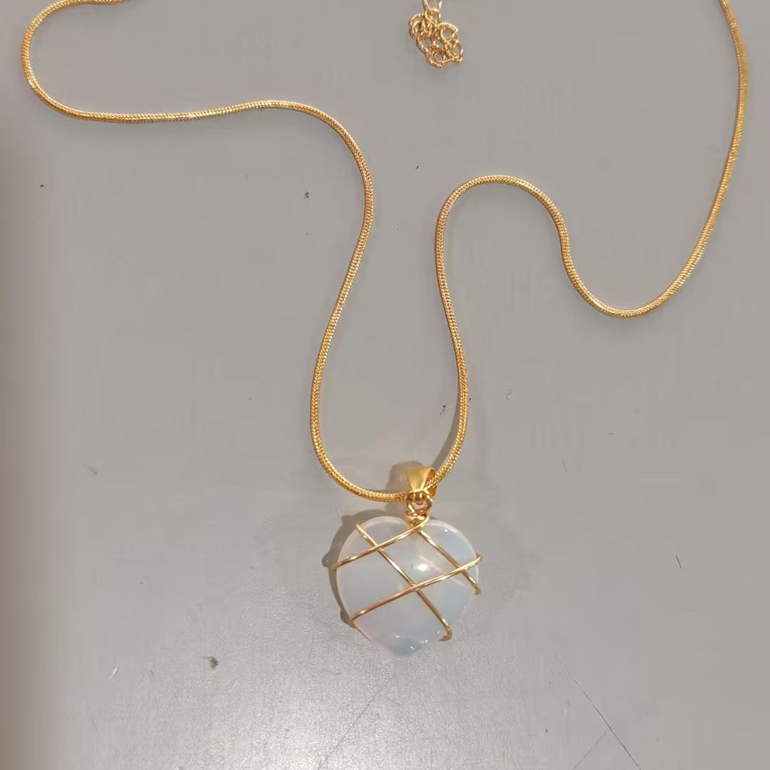 Rose Quartz / Opal Heart Shaped Pendant Necklace