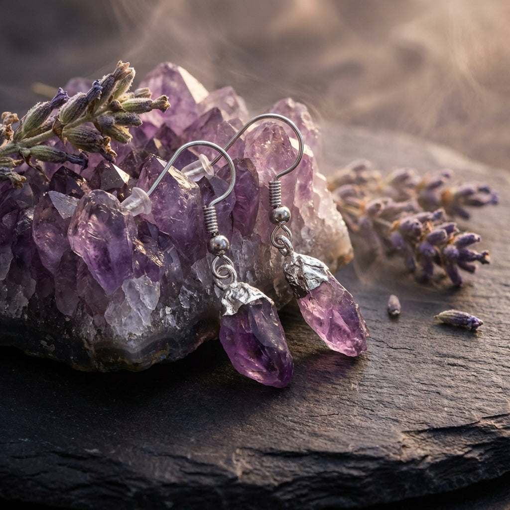 Sacrametal Stone Drop Earrings: Amethyst & Citrine