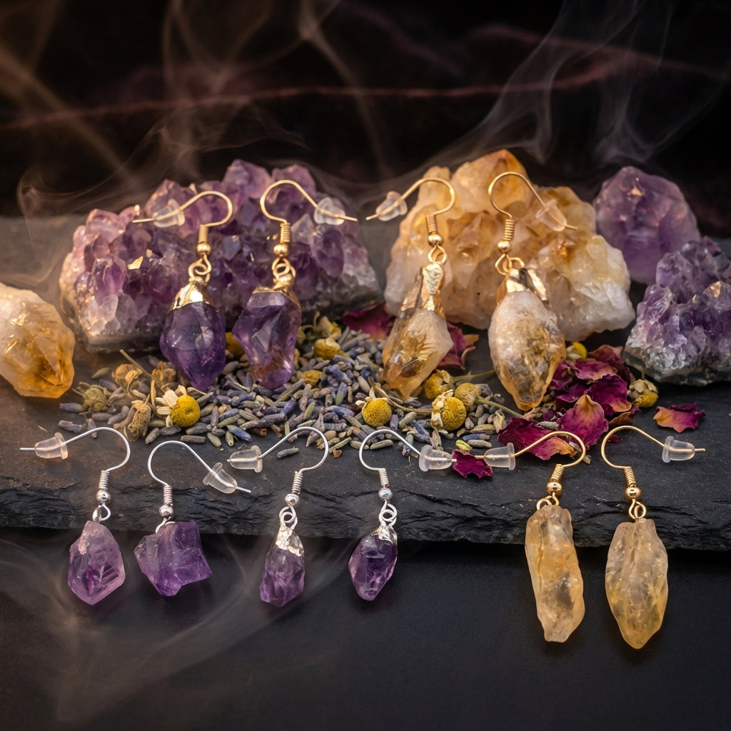 Sacrametal Stone Drop Earrings: Amethyst & Citrine