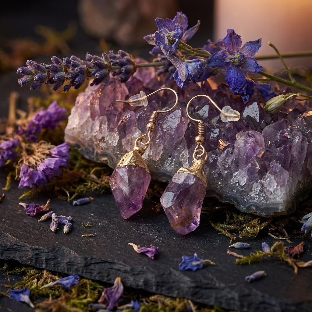 Sacrametal Stone Drop Earrings: Amethyst & Citrine