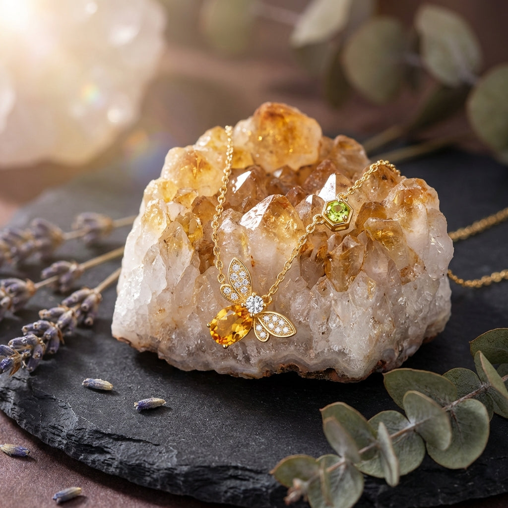 Sacrametal Citrine & Peridot Bee Necklace: Healing Crystal Artifact