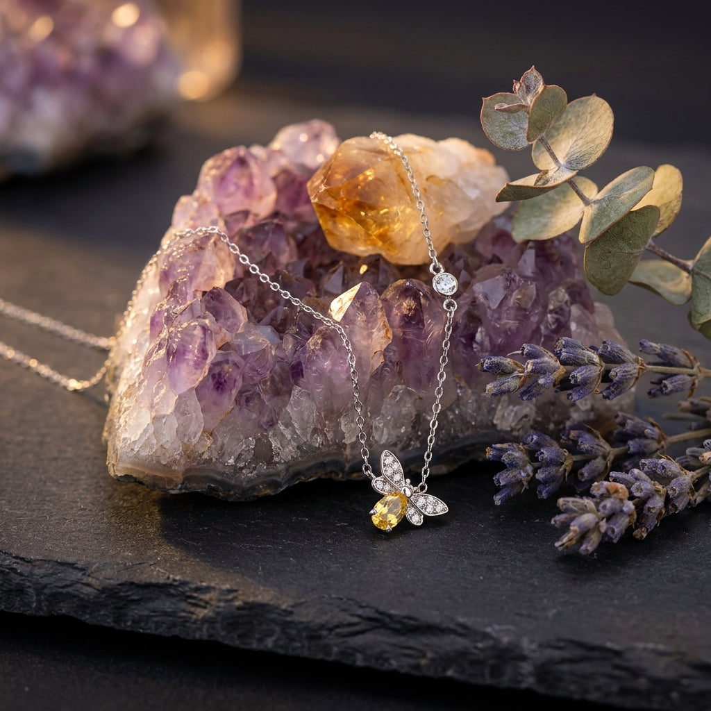 Sacrametal Citrine & Peridot Bee Necklace: Healing Crystal Artifact