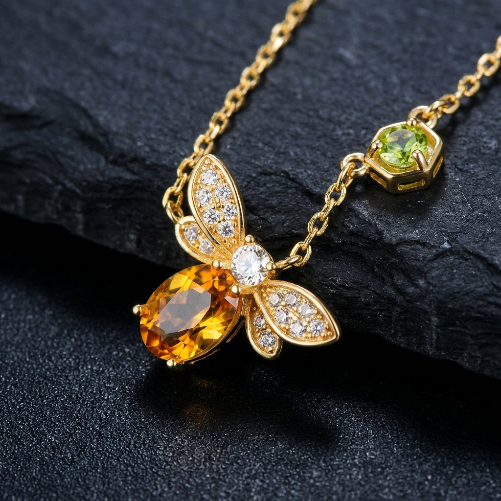 Sacrametal Citrine & Peridot Bee Necklace: Healing Crystal Artifact