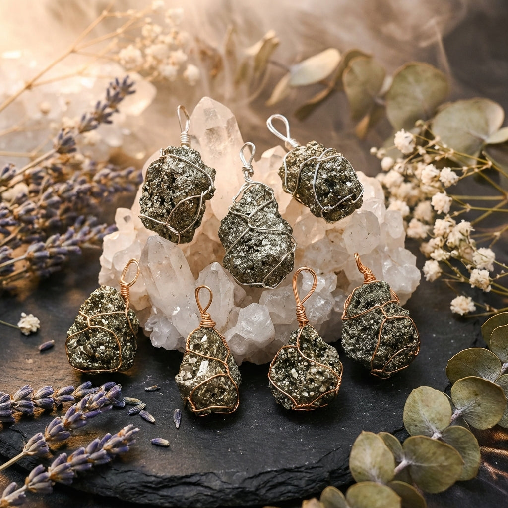 Sacrametal Pyrite Crystal Jewelry: Protection Healing Crystal Necklace
