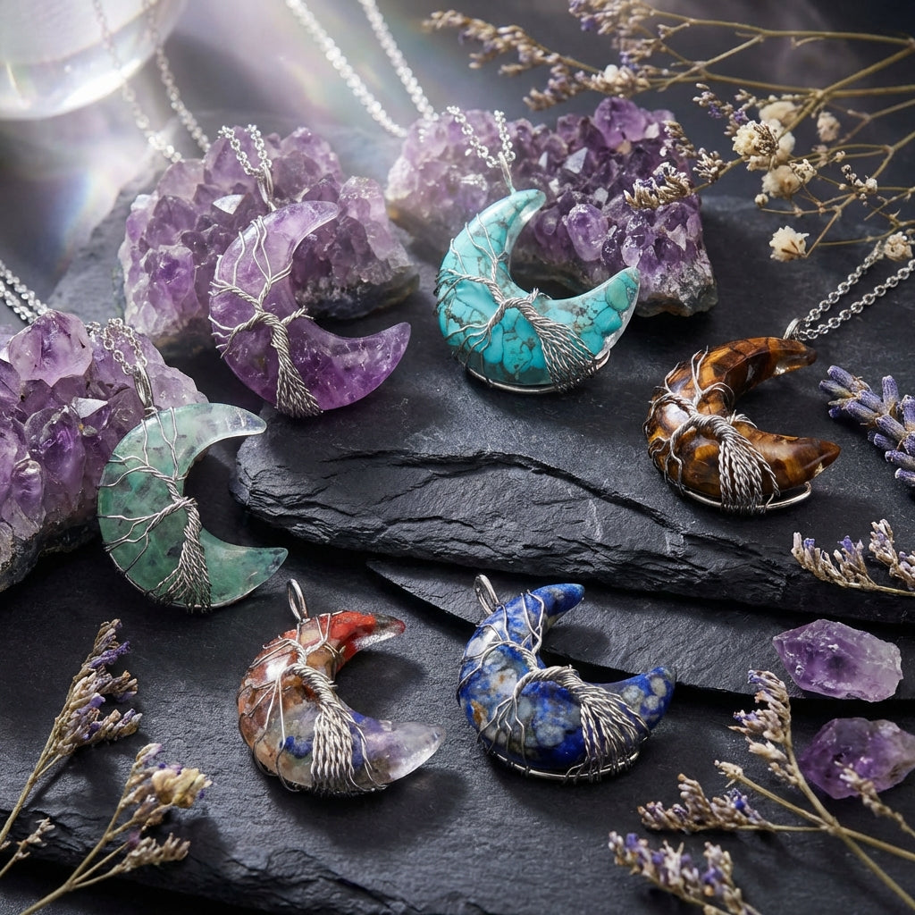 Sacrametal Moon Pendant Healing Crystal Jewelry: Lapis, Amethyst, & More