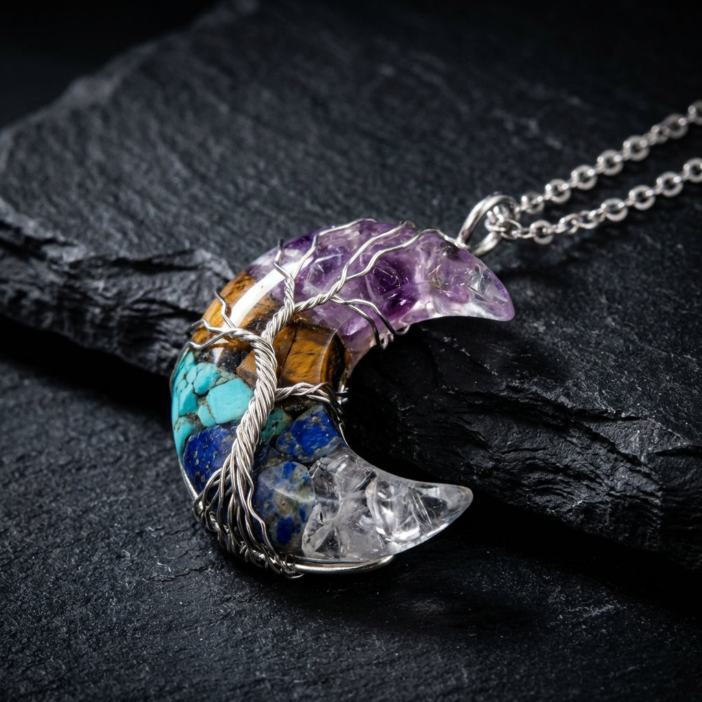 Sacrametal Moon Pendant Healing Crystal Jewelry: Lapis, Amethyst, & More