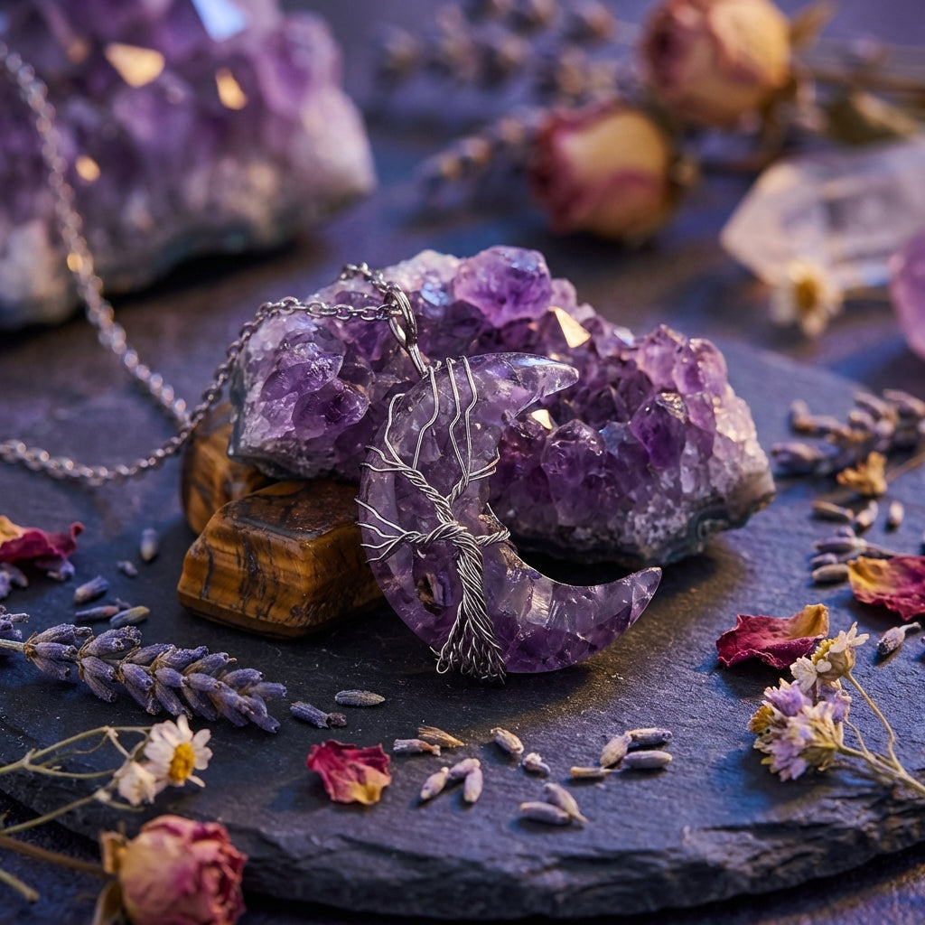 Sacrametal Moon Pendant Healing Crystal Jewelry: Lapis, Amethyst, & More
