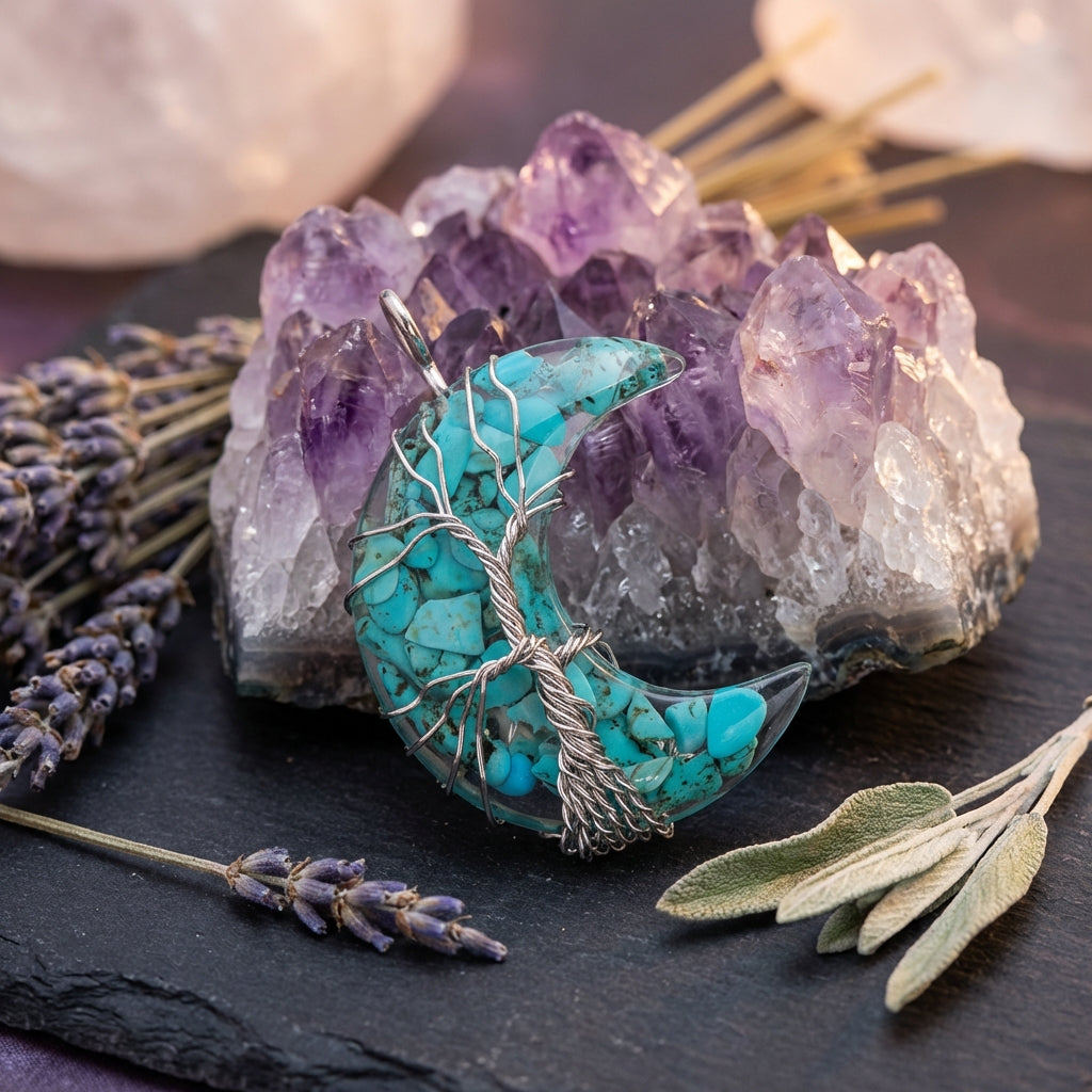 Sacrametal Moon Pendant Healing Crystal Jewelry: Lapis, Amethyst, & More