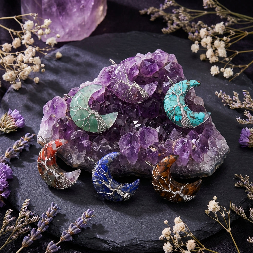 Sacrametal Moon Pendant Healing Crystal Jewelry: Lapis, Amethyst, & More