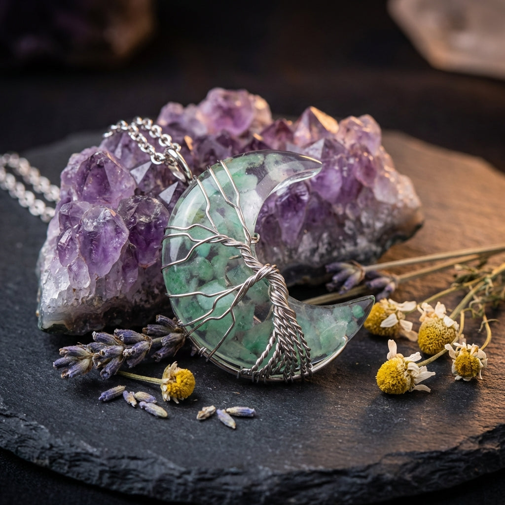 Sacrametal Moon Pendant Healing Crystal Jewelry: Lapis, Amethyst, & More