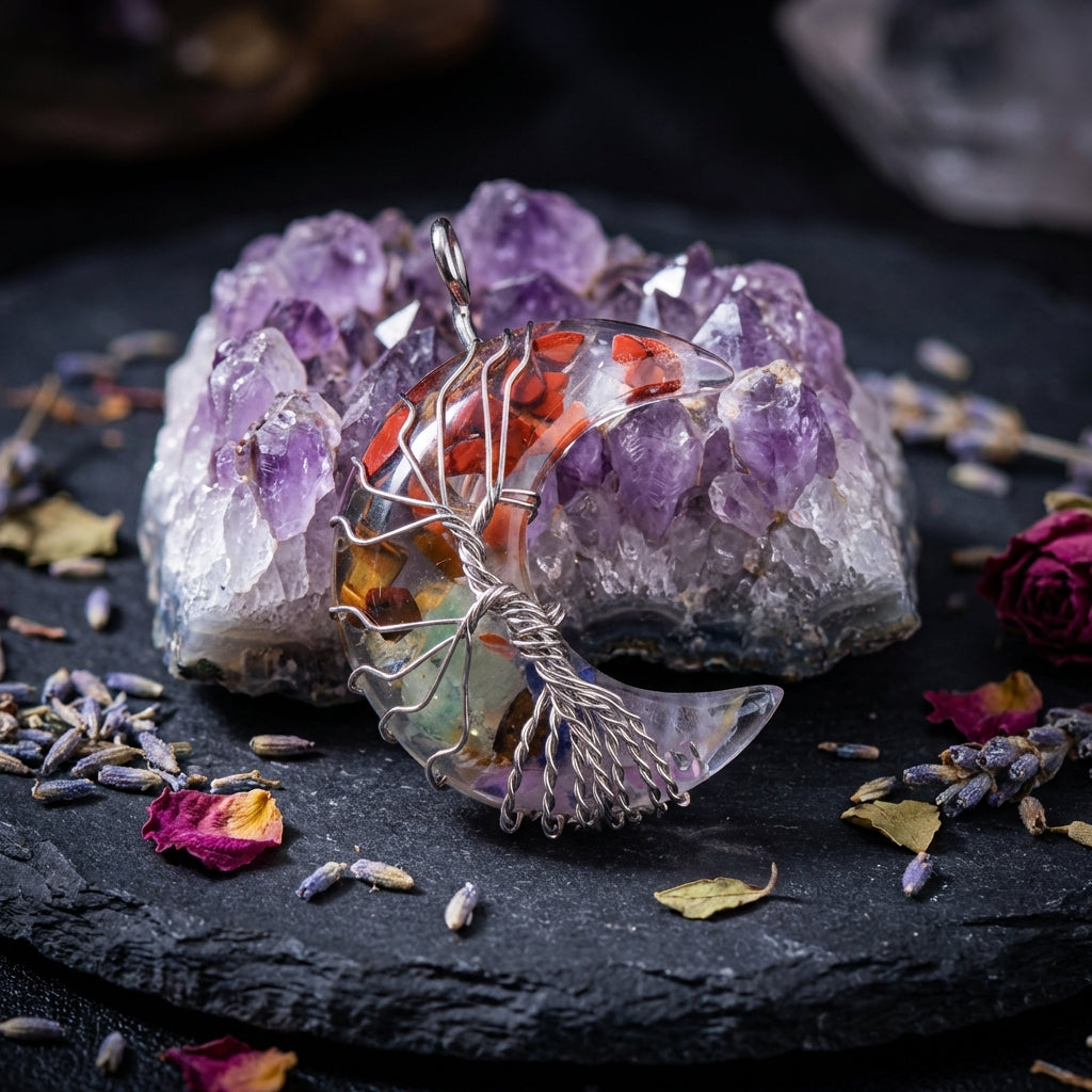 Sacrametal Moon Pendant Healing Crystal Jewelry: Lapis, Amethyst, & More