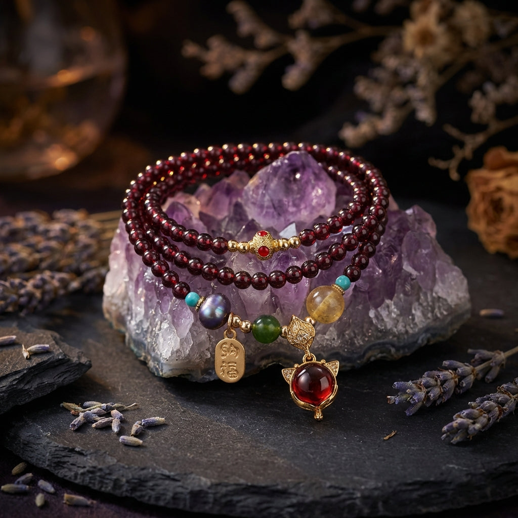 Sacrametal Garnet Healing Crystal Bracelet: Fox Charm & Multi-Gem Accents