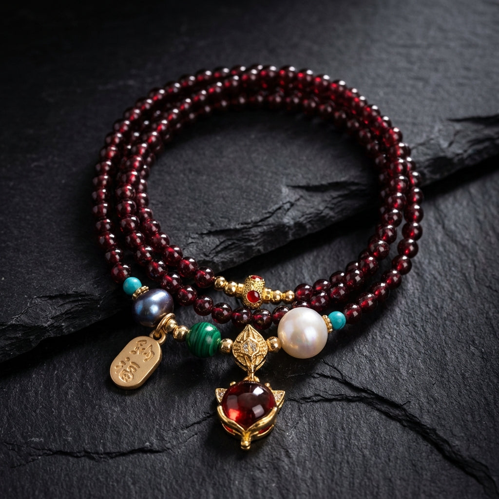 Sacrametal Garnet Healing Crystal Bracelet: Fox Charm & Multi-Gem Accents