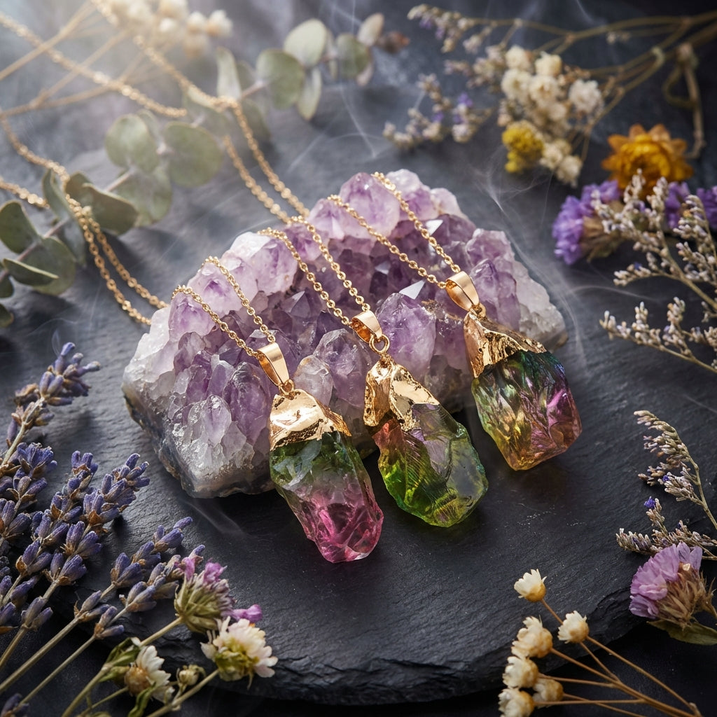 Sacrametal Tourmaline Healing Crystal Pendant: Grounding Fragment, Seven Intentions