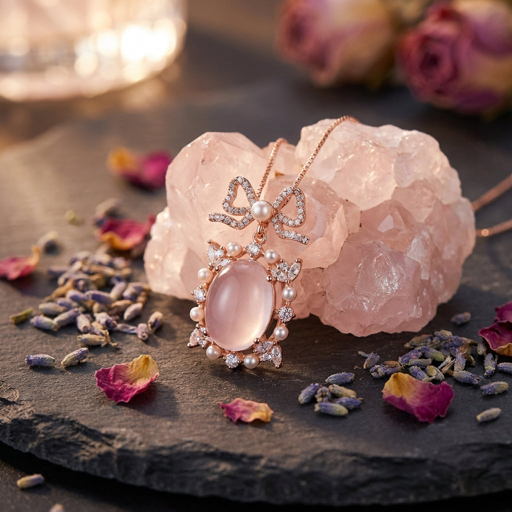 Sacrametal Rose Quartz Healing Crystal Pendant: Pink Geometry, Rose Gold Embrace