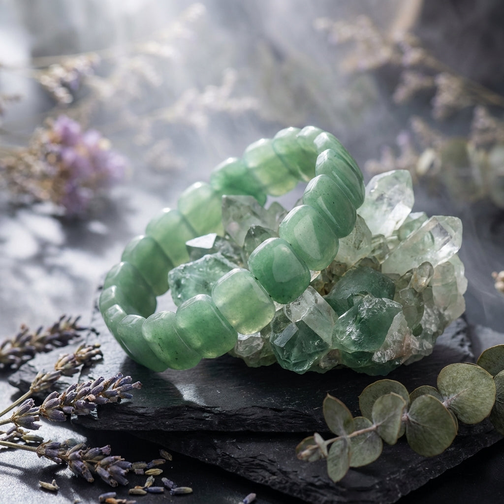 Green Aventurine Healing Crystal Bracelet: Bamboo Cut, Grounding Intention