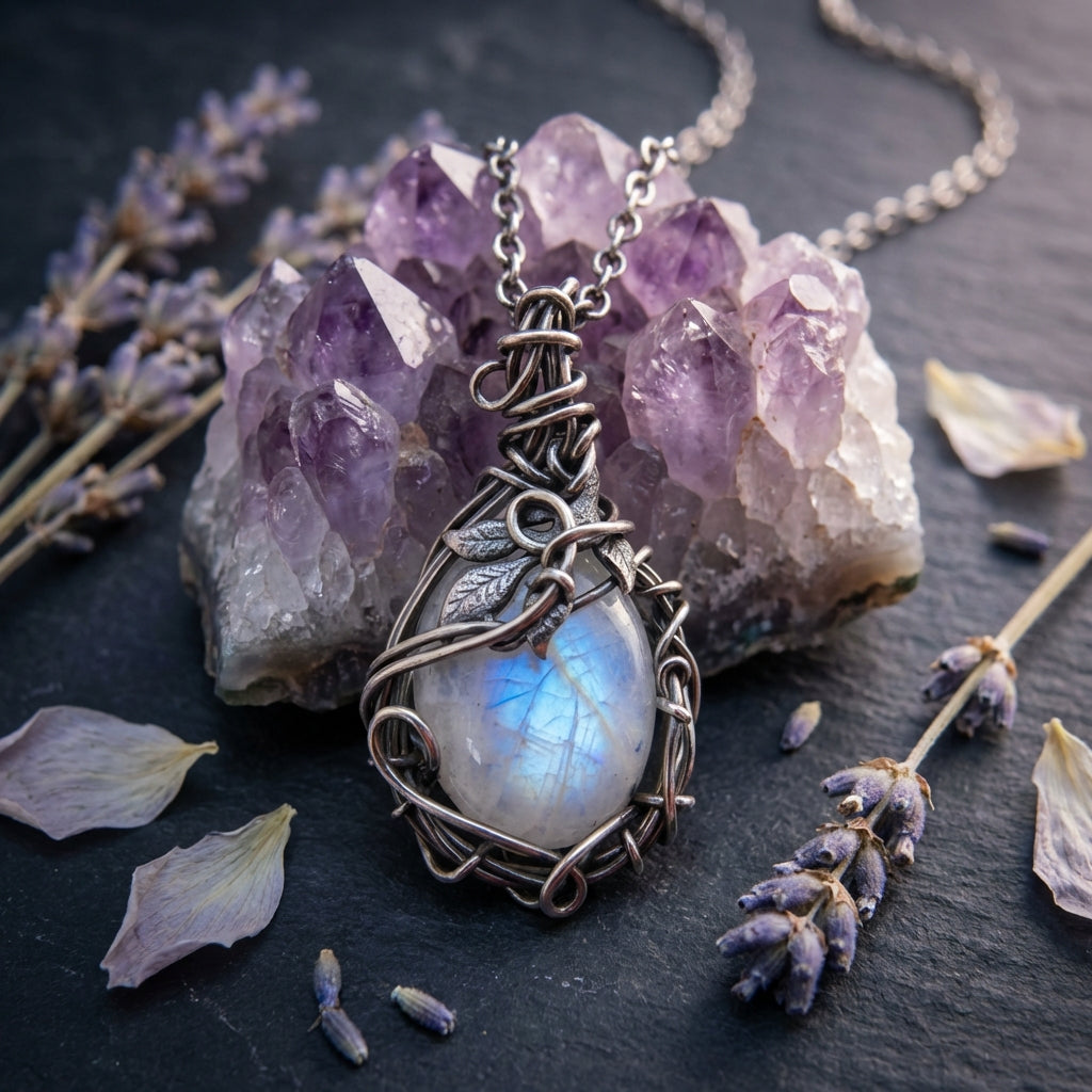 Sacrametal Moonstone Necklace: Wire Wrapped Crystal Jewelry, Healing Intention