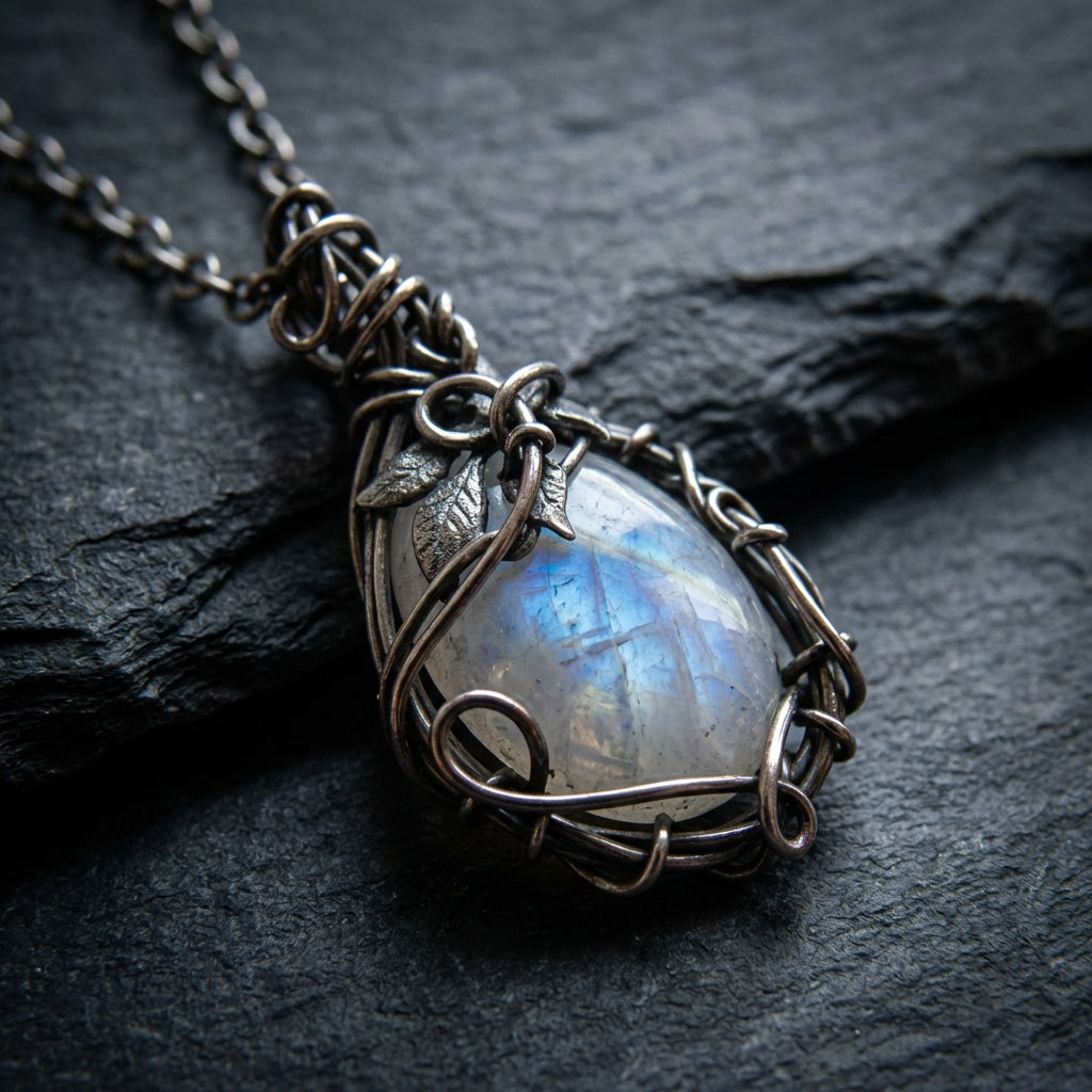Sacrametal Moonstone Necklace: Wire Wrapped Crystal Jewelry, Healing Intention