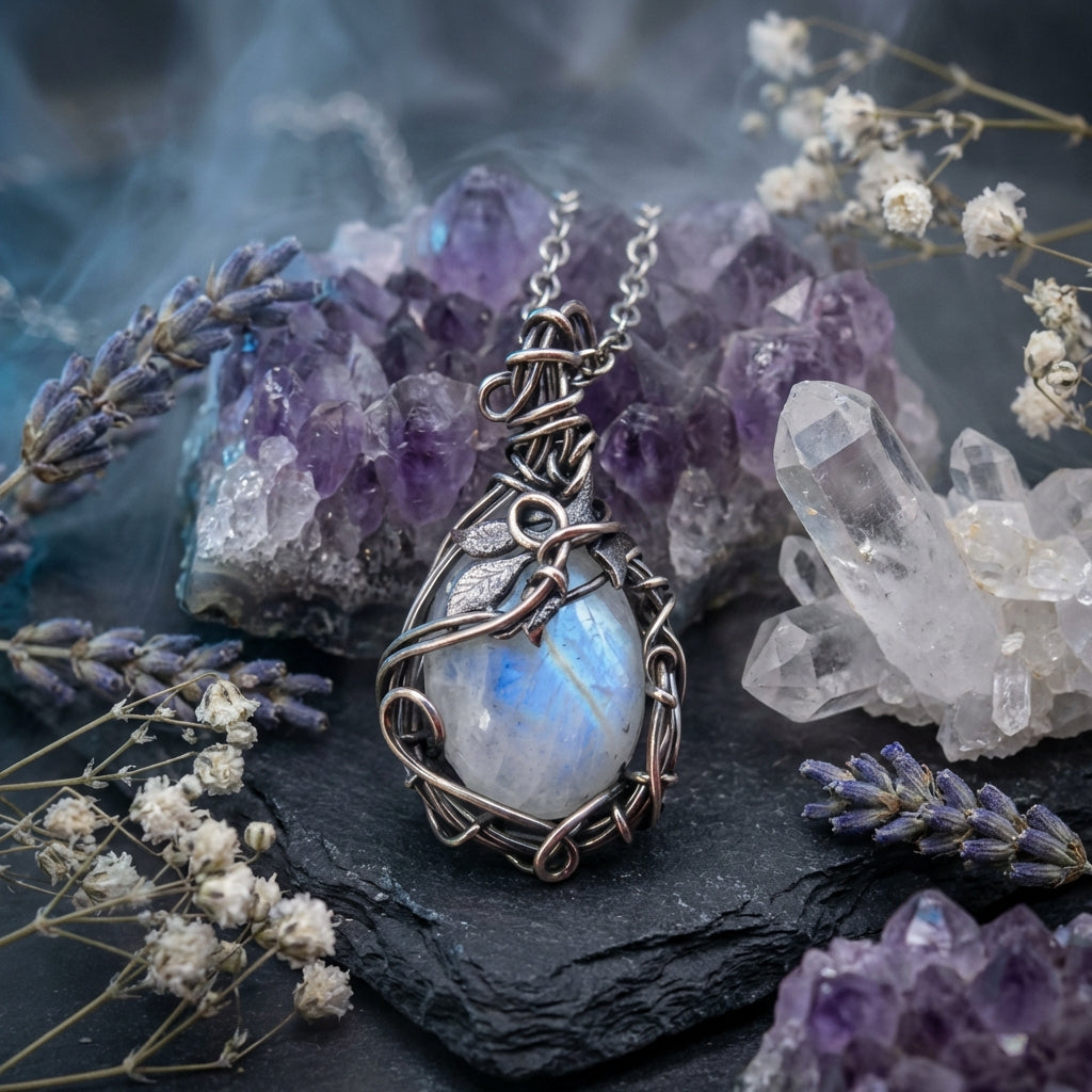 Sacrametal Moonstone Necklace: Wire Wrapped Crystal Jewelry, Healing Intention