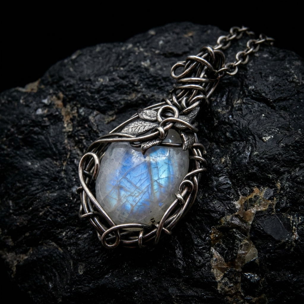 Sacrametal Moonstone Necklace: Wire Wrapped Crystal Jewelry, Healing Intention