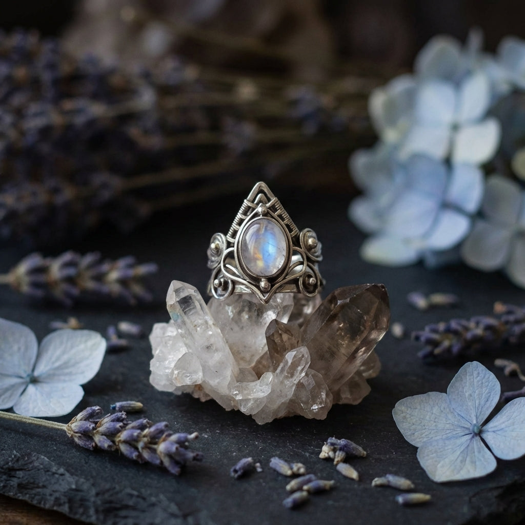 Sacrametal Moonstone Ring: Ancient Silver Crystal Ring for Healing
