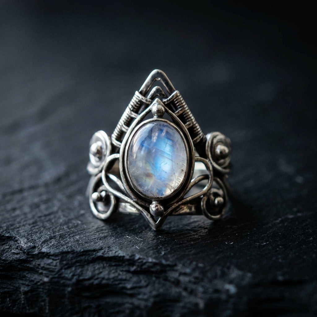 Sacrametal Moonstone Ring: Ancient Silver Crystal Ring for Healing