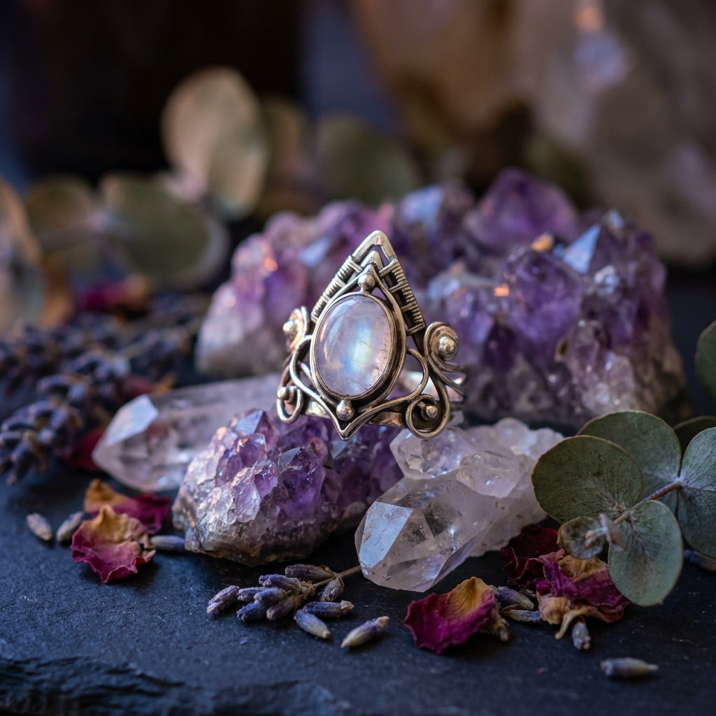 Sacrametal Moonstone Ring: Ancient Silver Crystal Ring for Healing