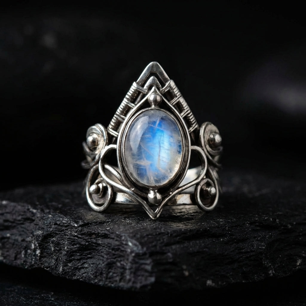 Sacrametal Moonstone Ring: Ancient Silver Crystal Ring for Healing