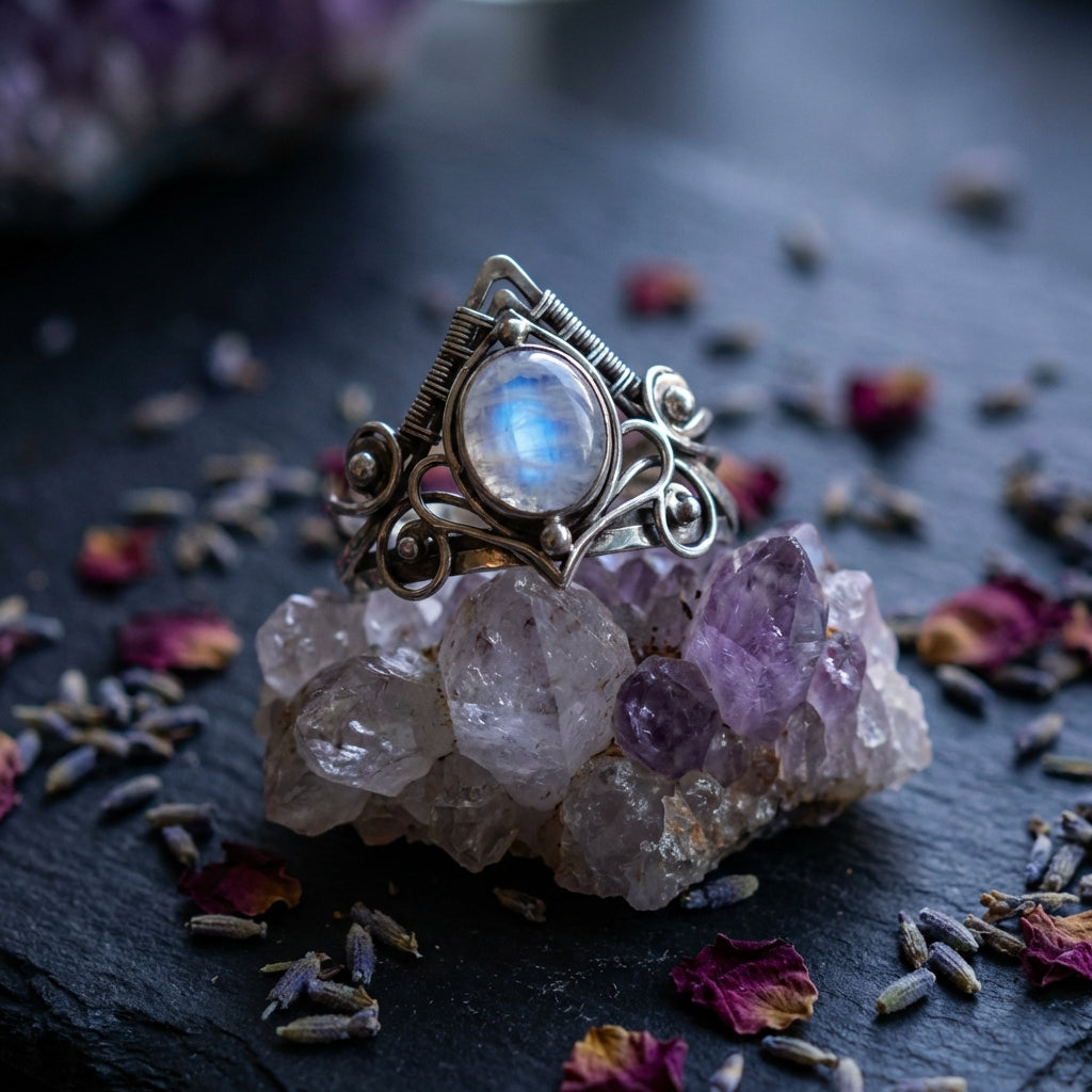 Sacrametal Moonstone Ring: Ancient Silver Crystal Ring for Healing