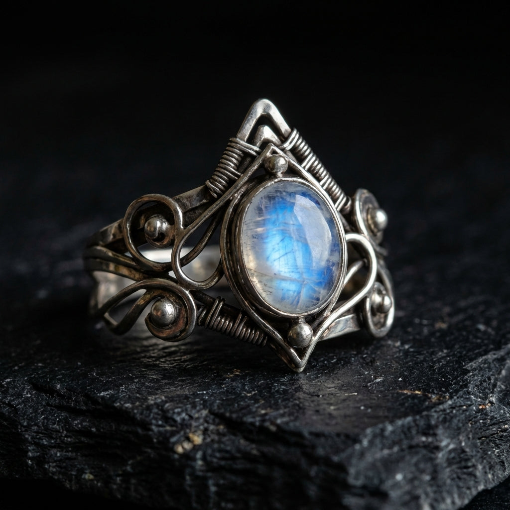 Sacrametal Moonstone Ring: Ancient Silver Crystal Ring for Healing