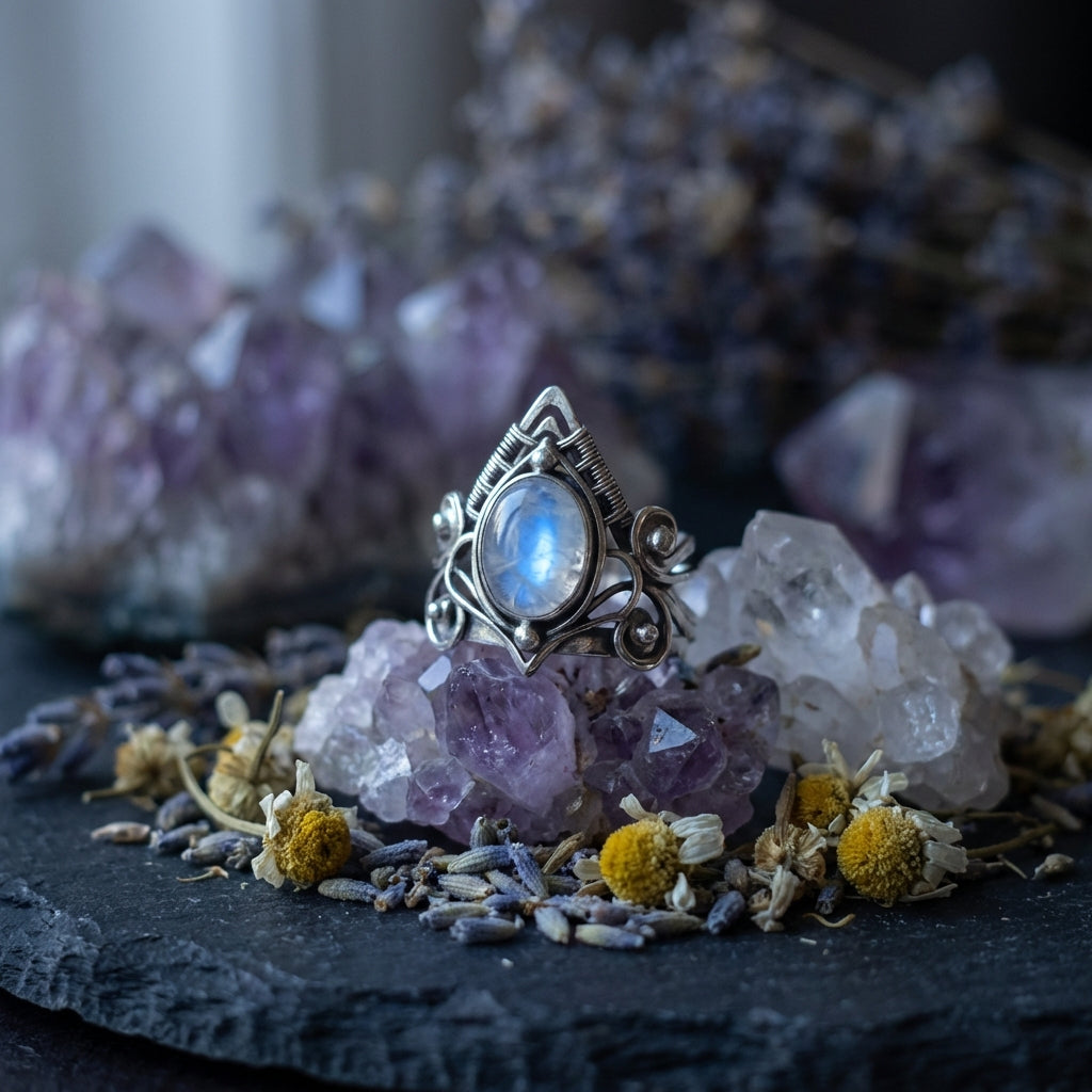 Sacrametal Moonstone Ring: Ancient Silver Crystal Ring for Healing
