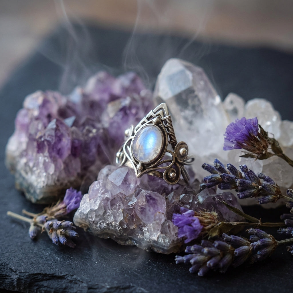 Sacrametal Moonstone Ring: Ancient Silver Crystal Ring for Healing