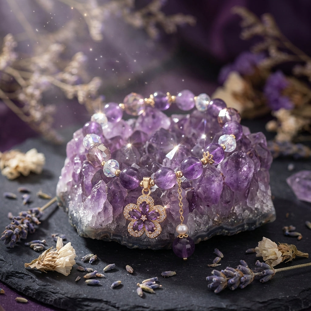 Sacrametal Amethyst & Crystal Flower Healing Bracelet: Calm & Elegance