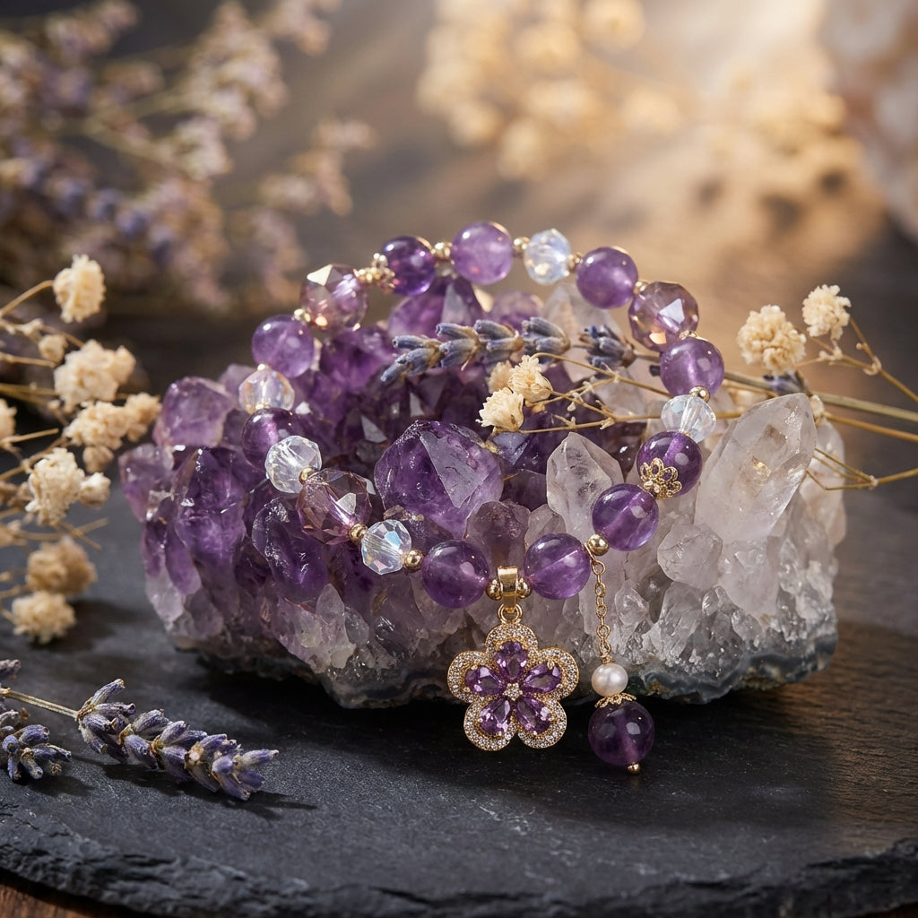 Sacrametal Amethyst & Crystal Flower Healing Bracelet: Calm & Elegance