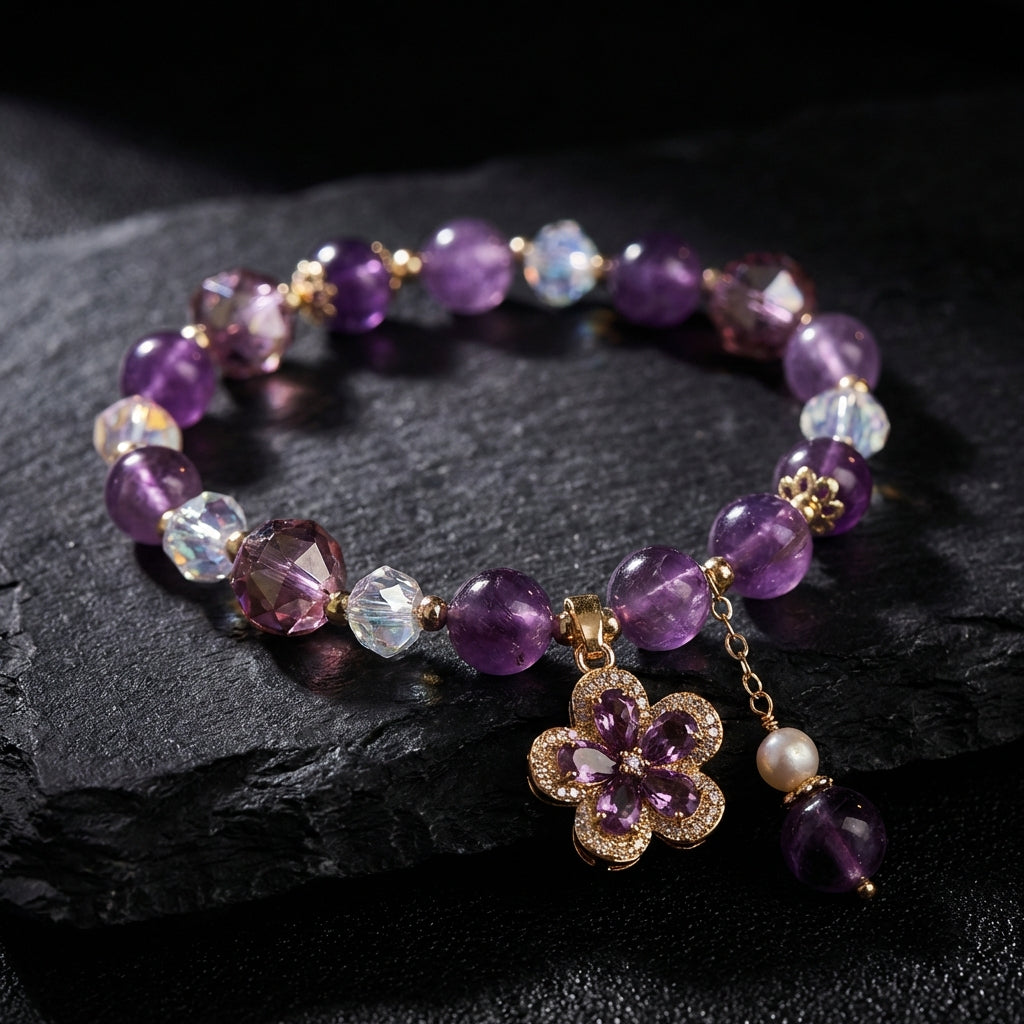 Sacrametal Amethyst & Crystal Flower Healing Bracelet: Calm & Elegance