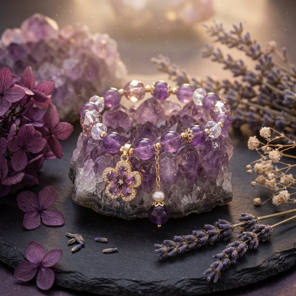Sacrametal Amethyst & Crystal Flower Healing Bracelet: Calm & Elegance
