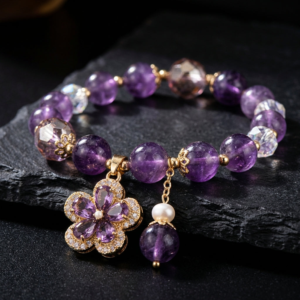 Sacrametal Amethyst & Crystal Flower Healing Bracelet: Calm & Elegance