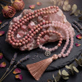 Sacramental Rhodonite & Rose Quartz Mala Necklace: Healing Crystal Jewelry
